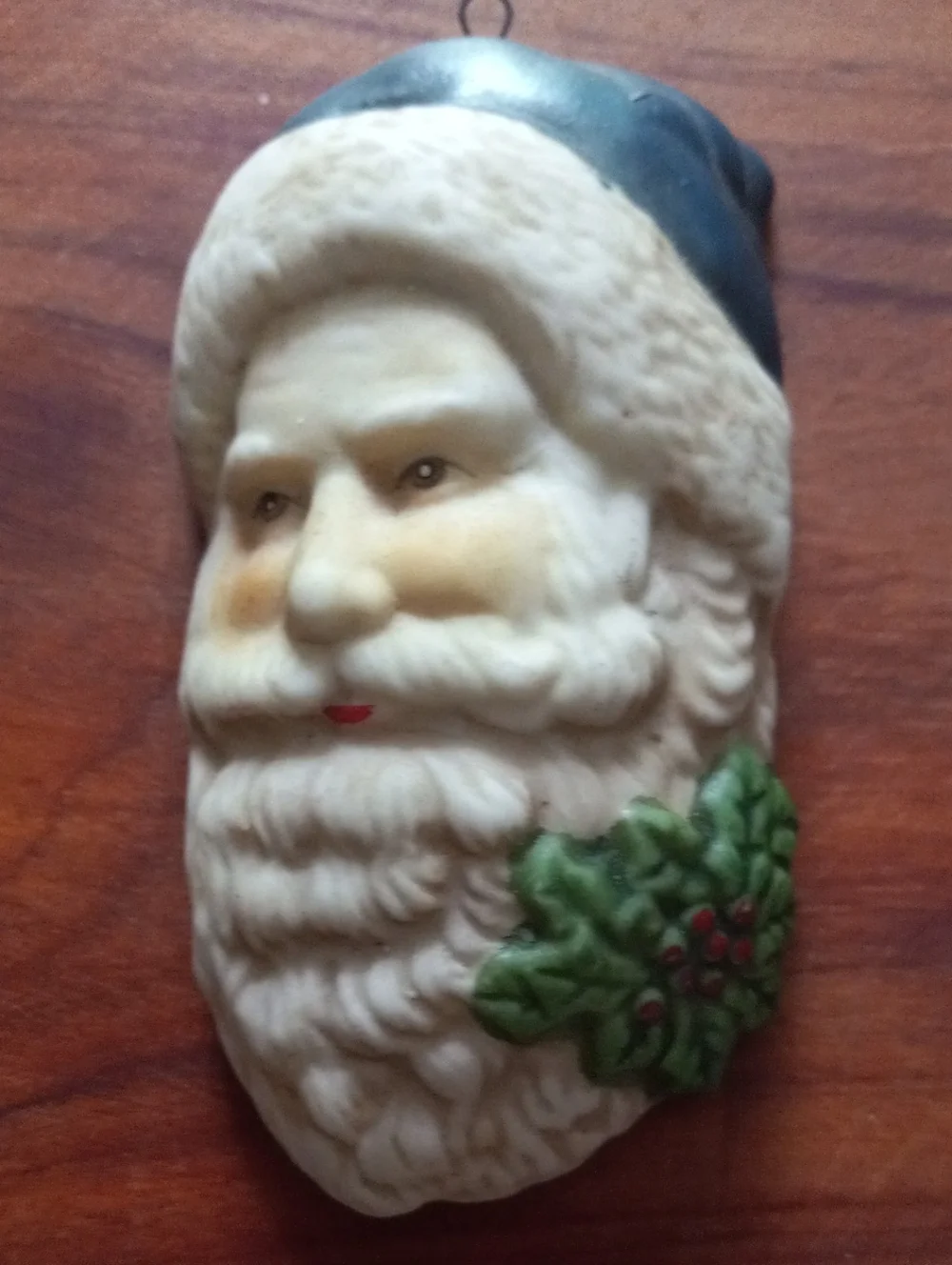 Vtg Santa Claus Ceramic Ornament Blue Hat Holly Accent